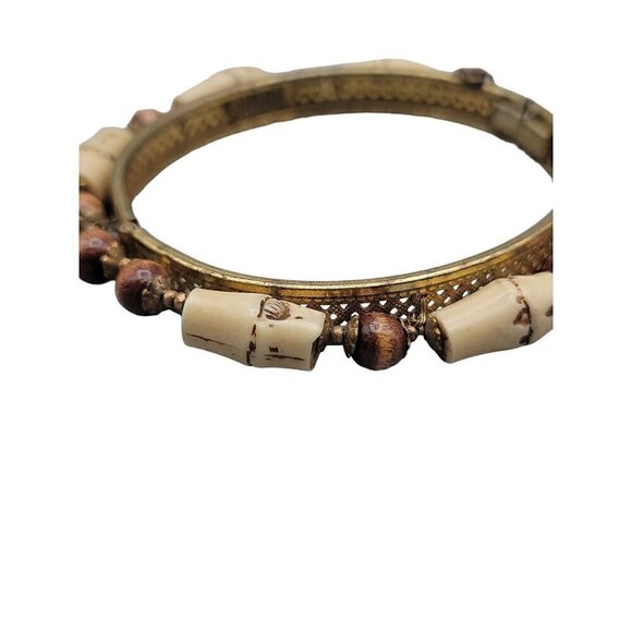 Miriam Haskell Rare Hinged Clamper Bangle Bracelet Resin Bamboo Wood Beads 6.5" - Picture 7 of 14